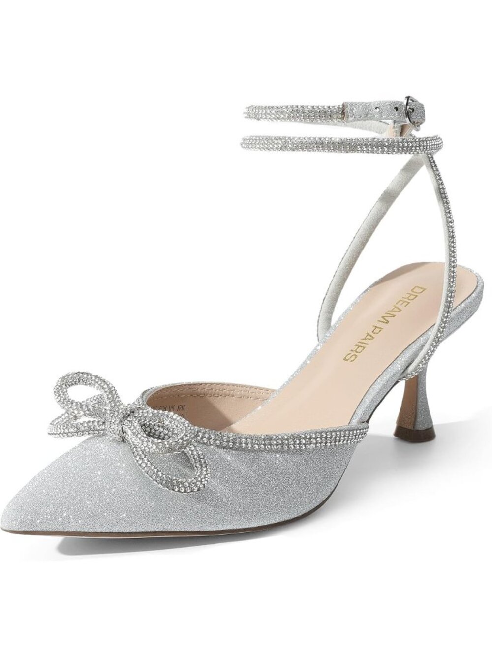 Women's Kitten Heels Rhinestone Bow Silver Ankle Strap Pointed Close Toe Heels